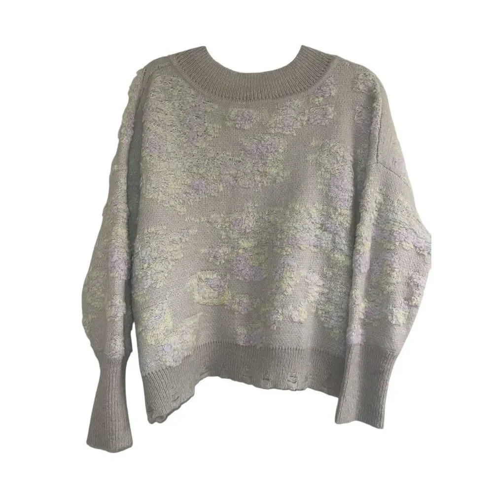 ✨Anthropologie Lucila Beige V-Neck Sz Small Sweater with Yellow Floral Motif✨
